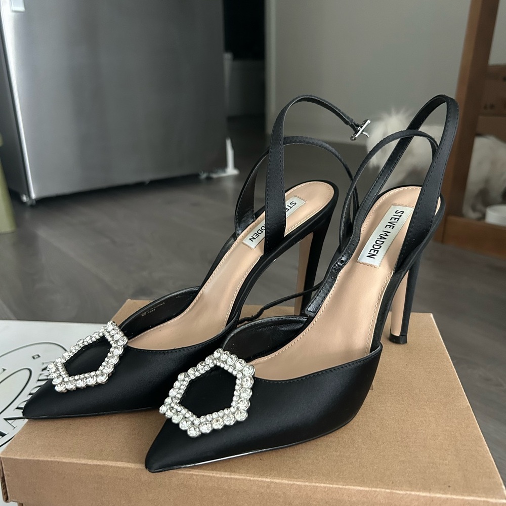 Steve Madden Black Slingback Heels with Crystal Embellishment